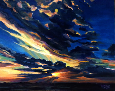 This painting was inspired for the drama and beauty of nature. Strong blues with bright contrasting yellow and orange clouds as the sun sets.